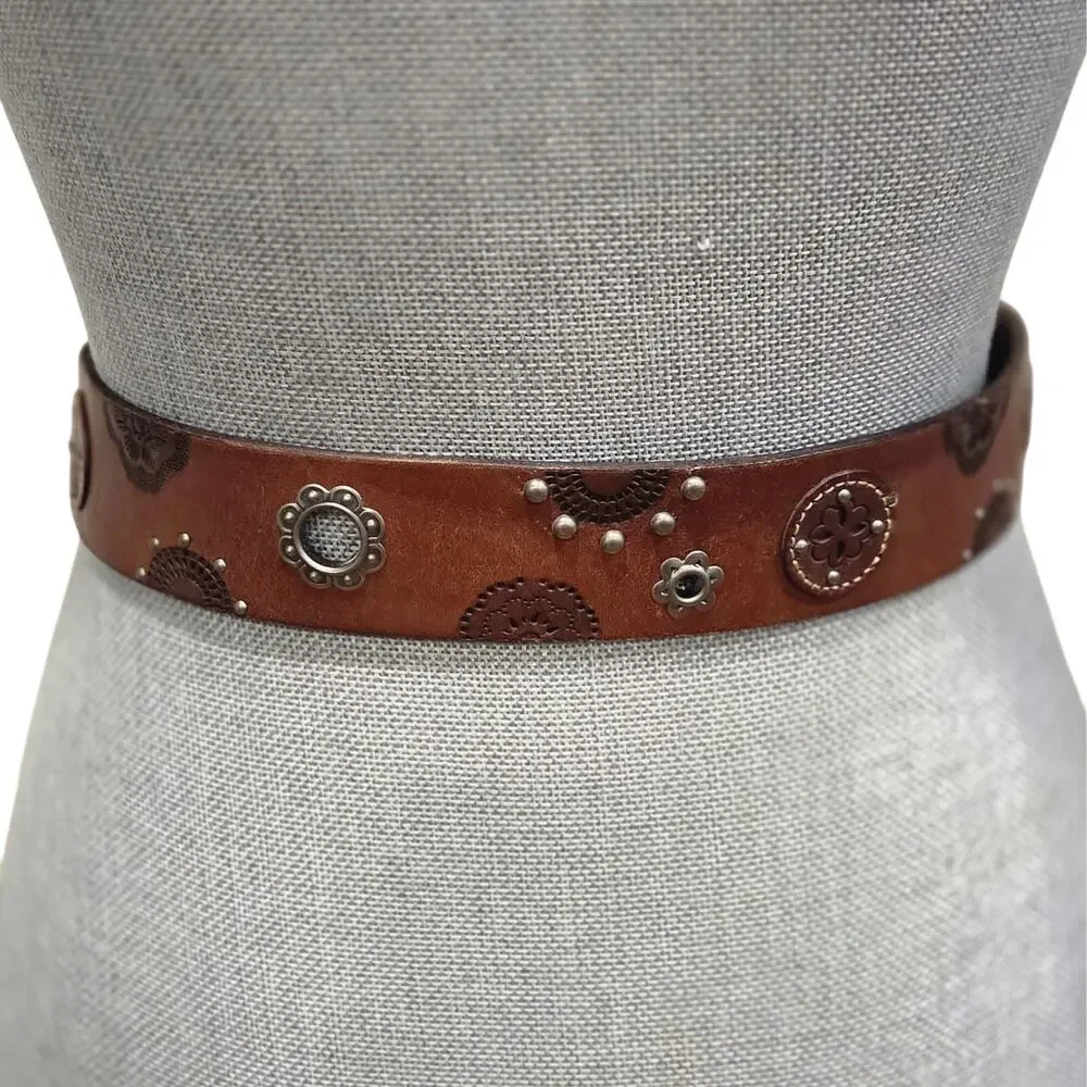 Boho Genuine Leather Embossed Medallion Belt | Brown Western Festival | Medium